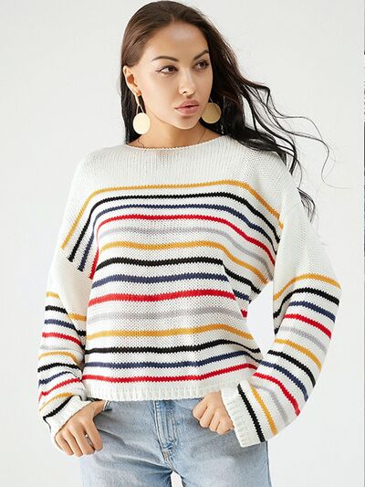 Striped Round Neck Dropped Shoulder Sweater